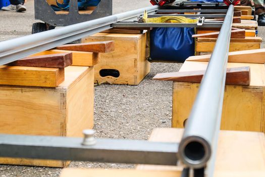 Detail of dolly track for camera equipment,Film Shoot,Behind the scene, Film crew production