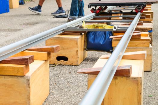 Detail of dolly track for camera equipment,Film Shoot,Behind the scene, Film crew production