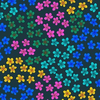 Seamless pattern with blossoming Japanese cherry sakura for fabric, packaging, wallpaper, textile decor, design, invitations, print, gift wrap, manufacturing. Colored flowers on green background
