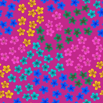 Seamless pattern with blossoming Japanese cherry sakura for fabric, packaging, wallpaper, textile decor, design, invitations, print, gift wrap, manufacturing. Colored flowers on fuchsia background