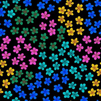 Seamless pattern with blossoming Japanese cherry sakura for fabric, packaging, wallpaper, textile decor, design, invitations, print, gift wrap, manufacturing. Colored flowers on black background