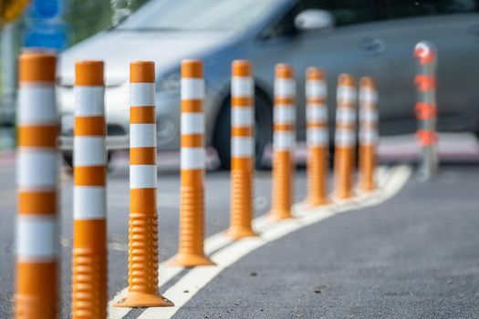 Flexible traffic bollard for bike lane.