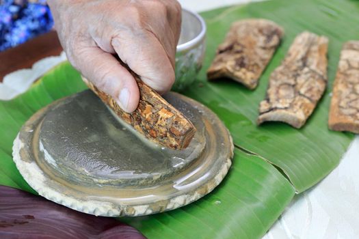 Thanaka herb bark scrubbing on kyauk pyin stone slab . thanaka is a popular cosmetic paste made from ground bark in Myanmar