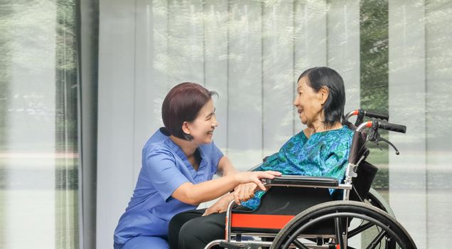 elderly woman happiness talking with caregiver