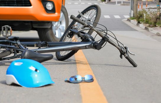 Accident car crash with bicycle on street.