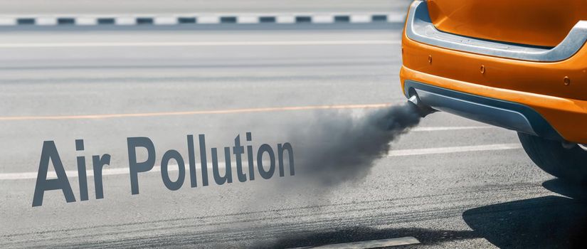 air pollution crisis in city from diesel vehicle exhaust pipe on road