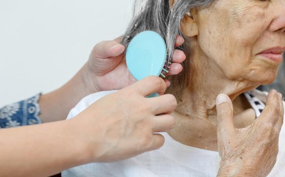 elderly woman combing hair by caregiver