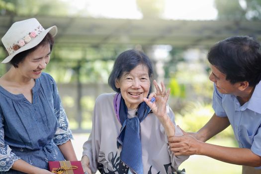 Son and daughter in law give a present to elderly mother , Happy mother's day.