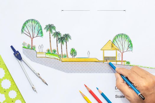 Architecture design Deck pool section elevation for luxury home.