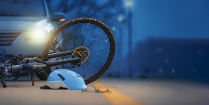 Drunk driving crashes , Accident car crash with bicycle on road at night time.