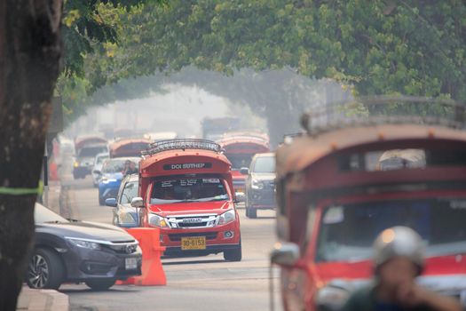 CHIANG MAI THAILAND - Mar 15 : The polluted skies over Chiang Mai. Forest fires have sent air quality in nine provinces to a level considered harmful to people's health, March 15,2019 in Old town , Chiangmai, Thailand.