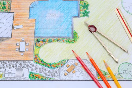 Backyard garden and pool design plan for villa.