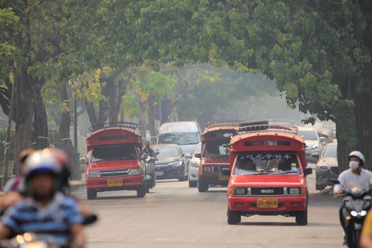 CHIANG MAI THAILAND - Mar 15 : The polluted skies over Chiang Mai. Forest fires have sent air quality in nine provinces to a level considered harmful to people's health, March 15,2019 in Old town , Chiangmai, Thailand.