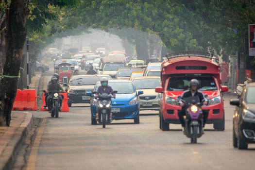 CHIANG MAI THAILAND - Mar 15 : The polluted skies over Chiang Mai. Forest fires have sent air quality in nine provinces to a level considered harmful to people's health, March 15,2019 in Old town , Chiangmai, Thailand.