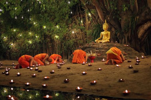 CHIANG MAI THAILAND - Feb 19 : Makha Bucha Day is the important incidents Buddhist day. Buddhist monk fire candles to the Buddha. February 19,2019 in Phan Tao Temple, Chiangmai, Thailand.