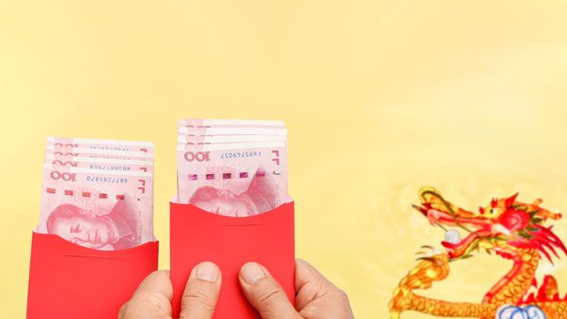 Red envelope chinese new year or hong bao , text on envelope meaning good luck