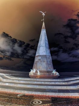 Seagull monument. Popular eeting place at seaside promenade. Palma city, Mallorka island.  Abstract.