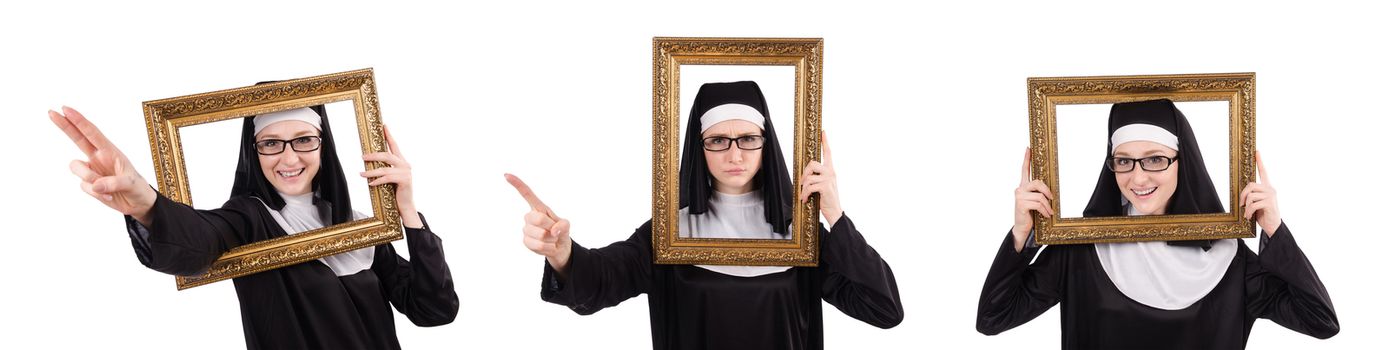 Young nun with frame isolated on white