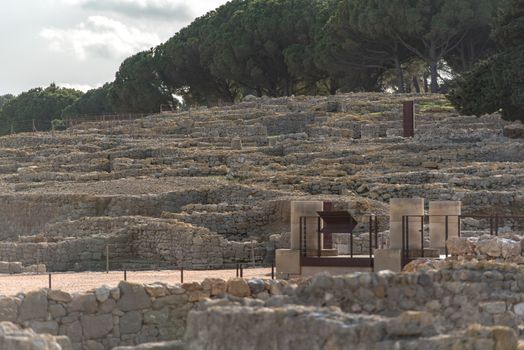 Ruins of Ampuries, La Escala behind the ruins of Empuries, in the Province of Giron, Catalonia, Spain.