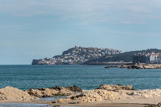 Platja de Les Muscleres in La Escala behind the ruins of Empuries, in the Province of Giron, Catalonia, Spain.