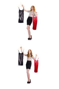 Woman choosing the dress isolated on white