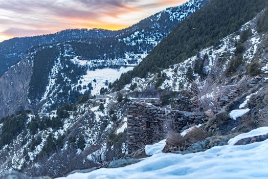 Views of a sunset in the mountains of Andorra. Bordes de l Armiana.