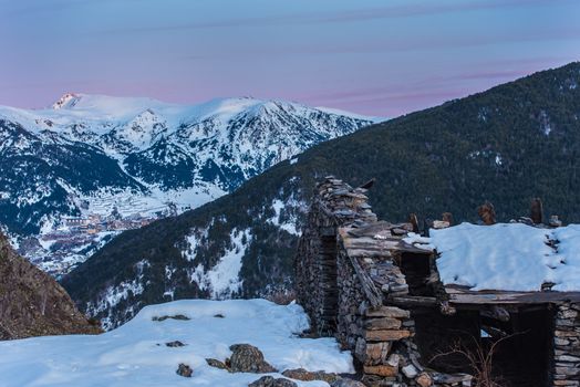 Views of a sunset in the mountains of Andorra. Bordes de l Armiana.