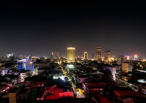 urban view of central phnom penh city skyline in cambodia at night