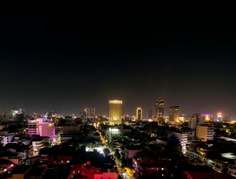 urban view of central phnom penh city skyline in cambodia at night