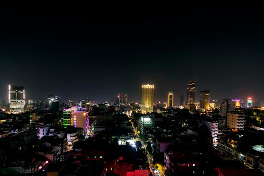 urban view of central phnom penh city skyline in cambodia at night