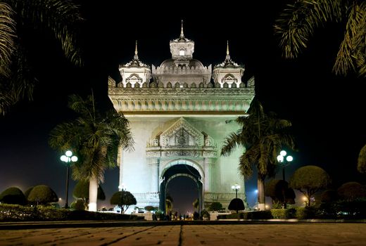 patuxai arch independence monument landmark in vientiane city laos at night 
