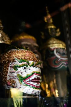 traditional lakhon khol khmer dance masks in display at Wat Svay Andet pagoda near Phnom Penh Cambodia