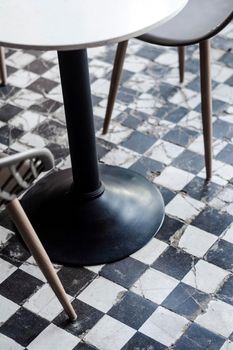 traditional design old rustic floor tiles detail in trendy Ibiza cafe