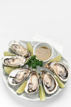 Six fresh oysters with lime wedges and citrus vinaigrette sauce
