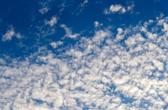 white evening altocumulus clouds on blue sky full frame background.