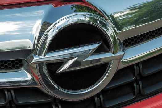 SPAIN, Tenerife - May 28, 2021: OPEL logo on the radiator grille. Stock photo.