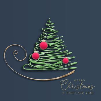 Christmas 2022 New Year card. Abstract Xmas tree, hanging 3D red balls, gold text Merry Christmas Happy New Year on blue. 3D Christmas greeting card. Corpoate NY card, minimalist inviation. 3D render