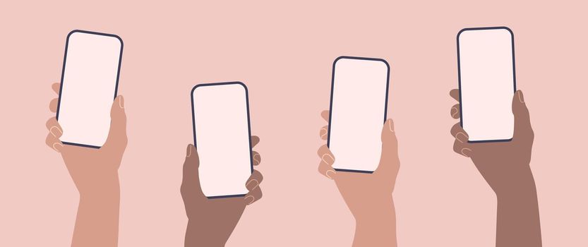 Hands holding phones. Flat smartphone with empty screen template. Vector illustration