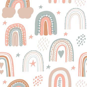 Rainbow seamless pattern. Scandinavian print for nursery room. Kids pastel doodle handdrawn print. Vector illustration