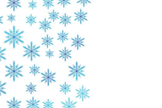 Christmas card with blue snowflakes on white background. Isolated snowflakes icon. Empty paper shape. Winter cartoon flat illustration. Copy space. Holiday pattern, banner, frame, greeting card design