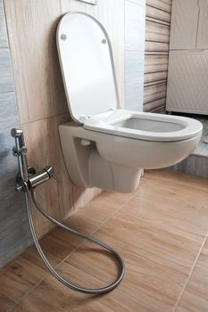 Modern home bathroom interior design with white, toilet or bidet with chrome shower head.