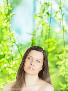 Beauty portrait of young woman for natural skincare and cosmetic brand, spring nature on background as wellness, health and organic beauty concept.