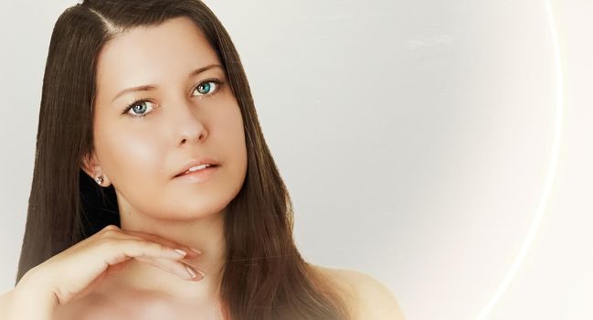 Suntan skin tone and beauty routine. Beautiful brunette female model with natural tan, face portrait of young woman.