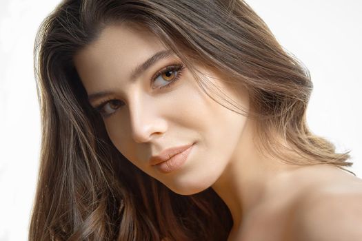 Attractive young woman confident look bright makeup Copy space