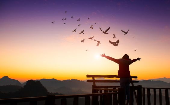 Girl raise hand up on top of mountain and sunset with birds flying in sky. freedom travel adventure concept.