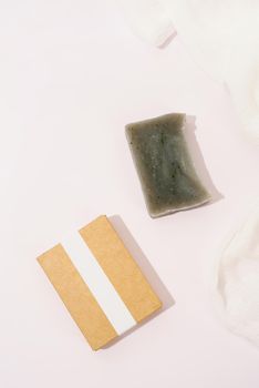 hand made soap and craft box for mock up design on white background, top view flat lay