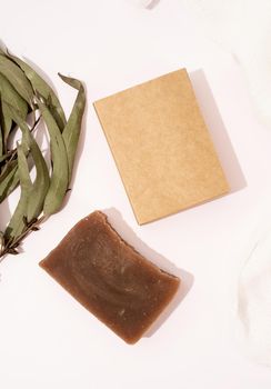 hand made soap and craft box for mock up design on white background, top view flat lay
