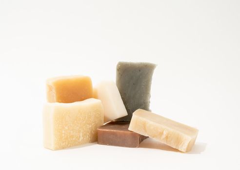 Natural cosmetics. handmade soap composition, stack of organic natural soap on white background