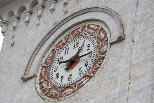 Simferopol, Crimea-June, 6, 2021: The architecture of the railway station with an old clock.