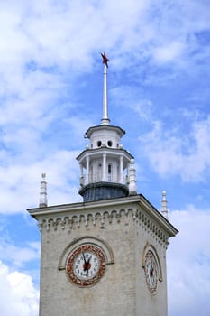 Simferopol, Crimea-June, 6, 2021: The architecture of the railway station with an old clock.